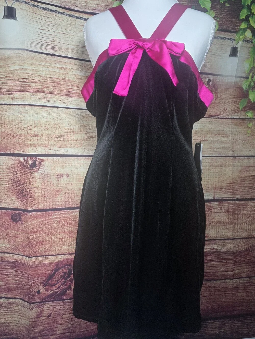 black velvet dress with pink bow Sherri Hill Couture Black Fuchsia Velvet Pageant Gown 44729